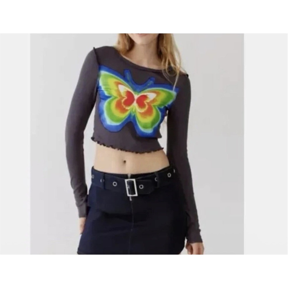 Urban Outfitters Y2K Butterfly Long Sleeve Crop Top Womans Sz L Baby Tee Grunge